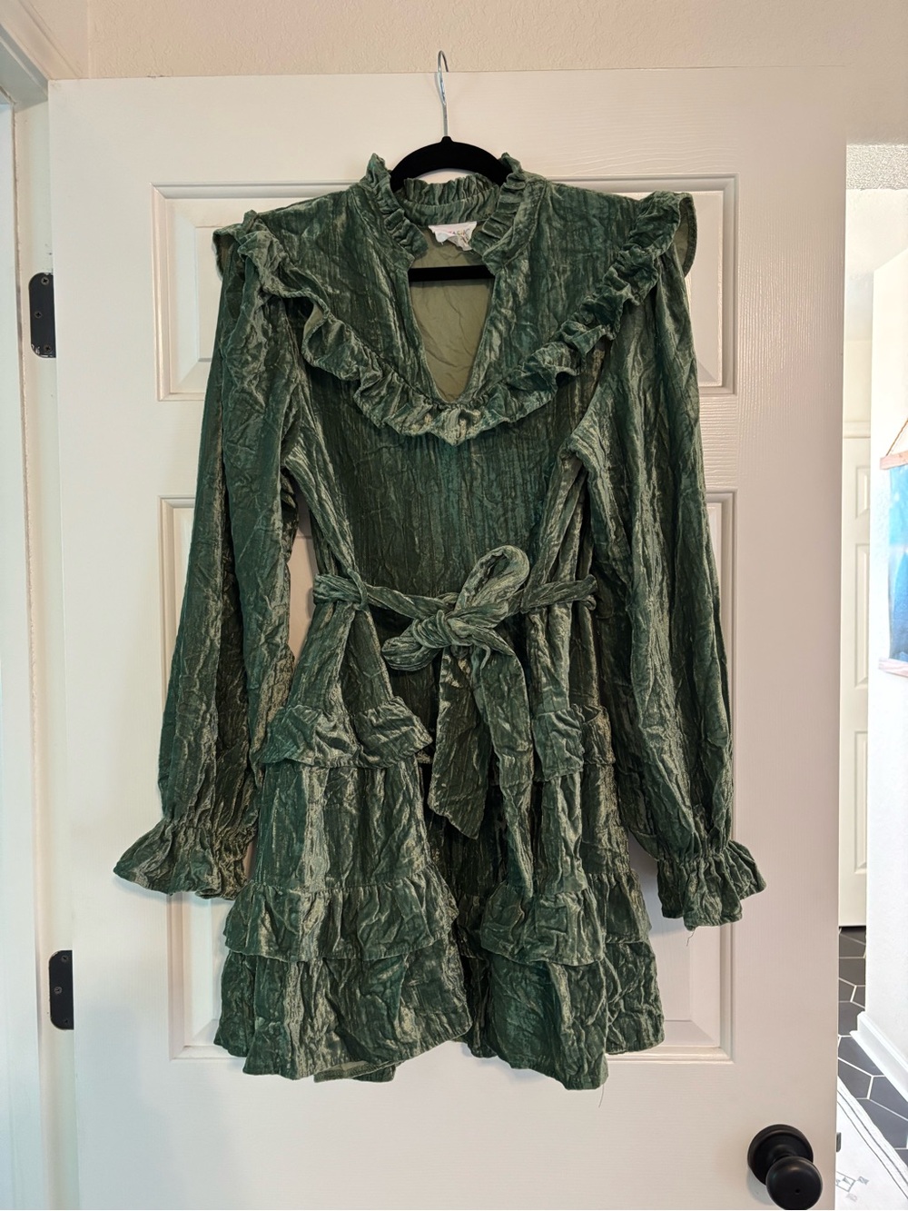 Fantastic Fawn Green Velvet Ruffled Mini Dress